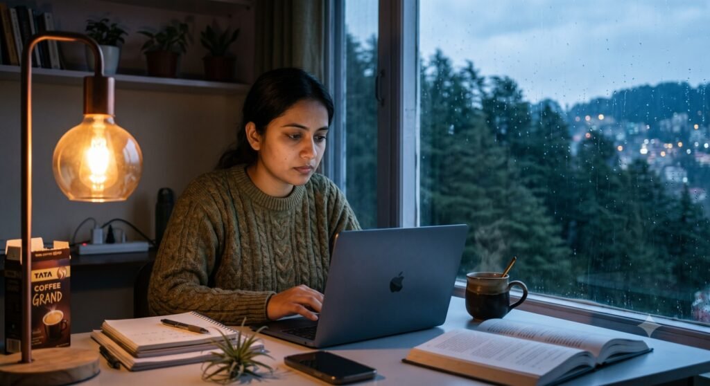 Woman drinking coffee in the afternoon while considering its effects on sleep and skin health