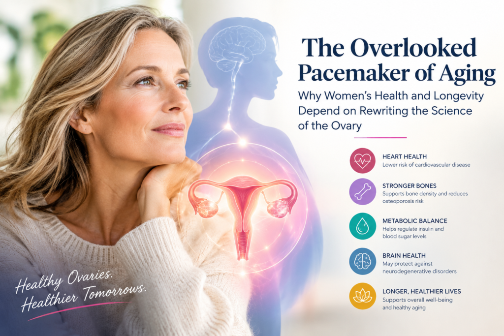 Middle-aged woman alongside a medical illustration of the ovaries and reproductive system, representing ovarian aging and women’s long-term health.