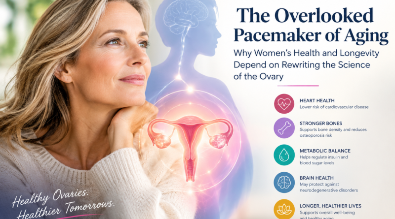 Middle-aged woman alongside a medical illustration of the ovaries and reproductive system, representing ovarian aging and women’s long-term health.