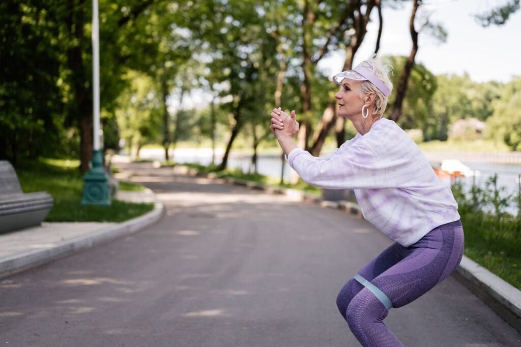 A woman performing a squat in a park, demonstrating axial loading and strength training for female bone health.